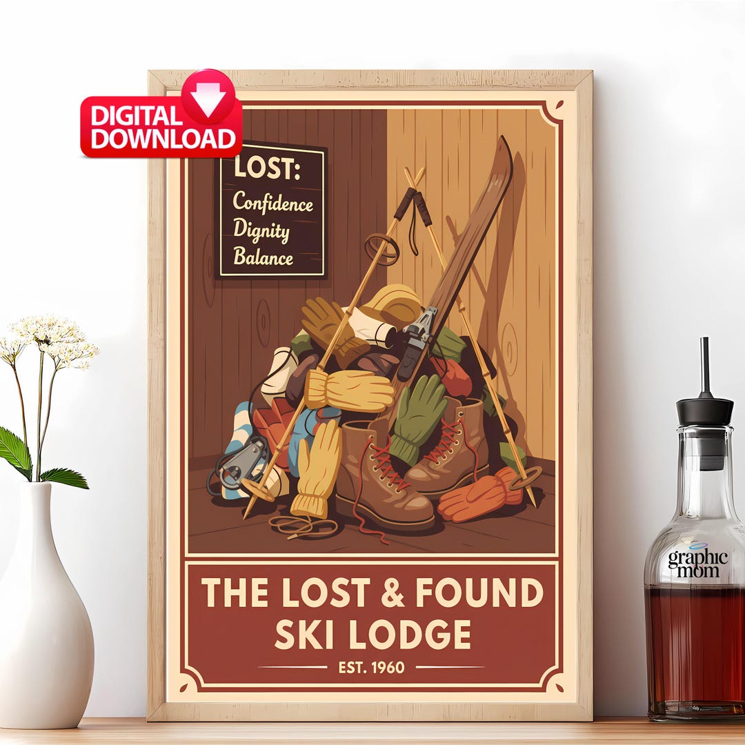 Retro Ski Lodge Lost and Found Poster, Vintage Winter Sports Art ...