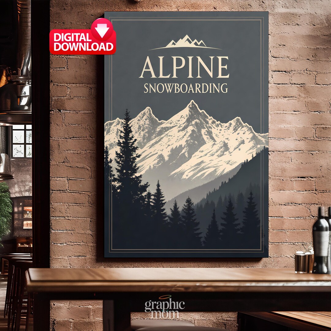 Alpine Snowboarding Print, Vintage Mountain Wall Art (digital Download ...