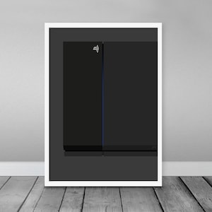 May include: A black framed print of a PlayStation 4 console with the PlayStation logo on the front.