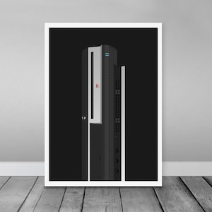 May include: A black and silver video game console with the PlayStation logo on the front. The console is in a vertical position and is set against a black background.