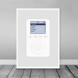 May include: A white iPod with a black and white screen displaying the menu options: Playlists, Browse, Extras, Settings, and About. The iPod has a circular button in the center and buttons for menu, play, pause, and fast forward.