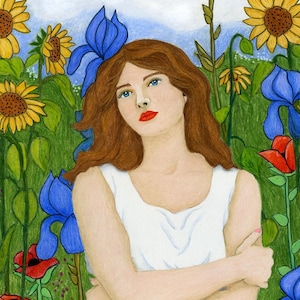 May include: A coloured pencil drawing of a person with long auburn hair wearing a simple white sleeveless dress. The person is surrounded by a vibrant garden filled with yellow sunflowers, bright blue irises, and red poppies against green foliage.