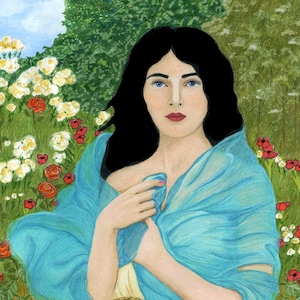 May include: A painting of a person with long black hair and blue eyes, wearing a cream-colored dress with a braided waist detail and a draped, sheer bright blue shawl. The figure is positioned in front of a garden filled with red and white flowers.