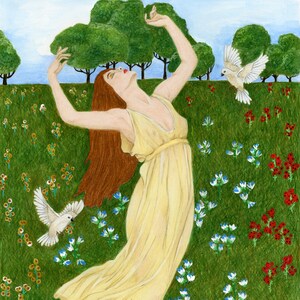 Morning Glory-Woman Dancing With Birds Art Print, Morning Sun Garden Portrait, Colored Pencil Wall Art, Gratitude Gift, Signed Giclee 8x10 image 1