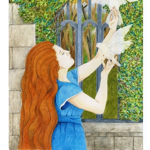 May include: A woman with long, flowing red hair reaches up to a white dove. The dove is perched on her hand, and she is looking up at it with a gentle smile. The woman is wearing a blue dress and is standing in front of a stone wall with a green vine growing on it.
