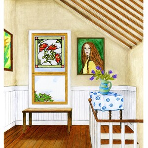 Warm sunshine pours through a stained-glass window in this Craftsman style house. Beautiful and poetic archival print of colored pencil drawing by award-winning artist and poet, Victoria Twomey. Includes certificate of authenticity and artist bio.