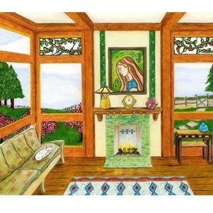 May include: A sunroom with a fireplace, a couch, a bookshelf, and a painting of a woman with long red hair. The room has large windows with stained glass panels and a view of a green lawn and trees.