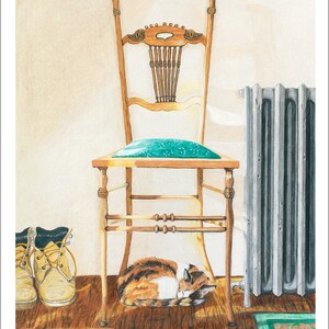 May include: A calico cat sleeps under a wooden chair with a green cushion. The chair is in front of a radiator. The image is a pencil drawing.