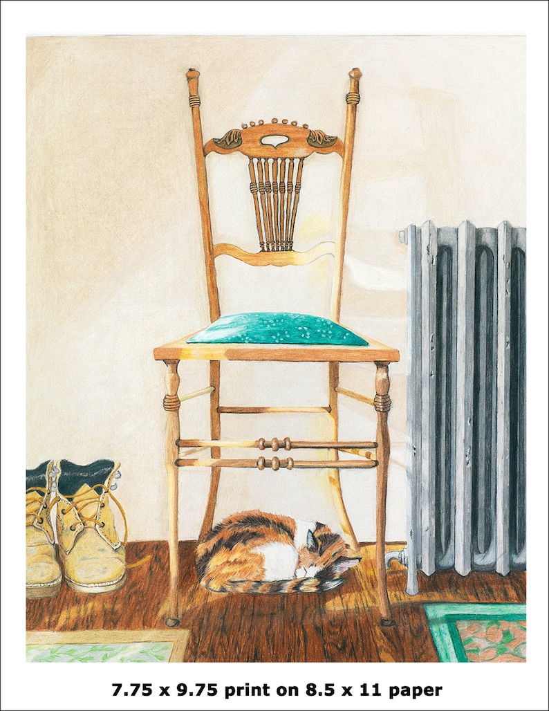 May include: A calico cat sleeps under a wooden chair with a green cushion. The chair is in front of a radiator. The image is a pencil drawing.