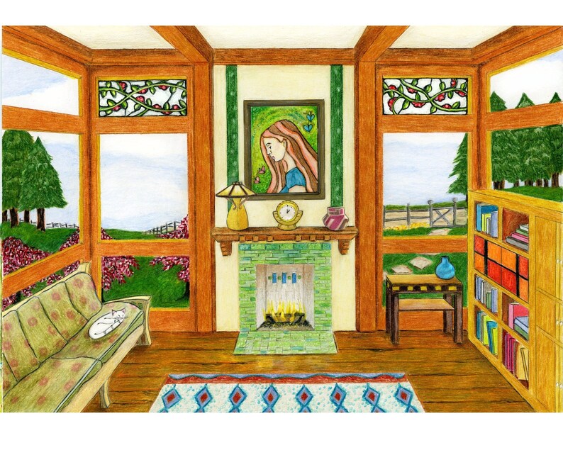 May include: A sunroom with a fireplace, a couch, a bookshelf, and a painting of a woman with long red hair. The room has large windows with stained glass panels and a view of a green lawn and trees.