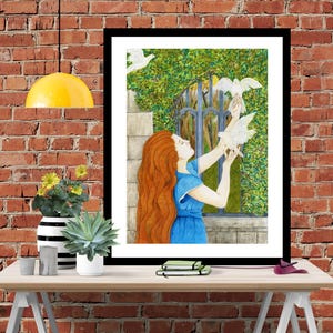 May include: A watercolor painting of a woman with long red hair reaching out to white doves. The woman is wearing a blue dress and is standing in front of a window with a wrought iron gate. The background is a lush green garden.