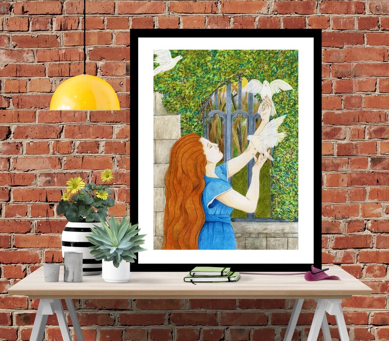 May include: A watercolor painting of a woman with long red hair reaching out to white doves. The woman is wearing a blue dress and is standing in front of a window with a wrought iron gate. The background is a lush green garden.