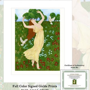 Morning Glory-Woman Dancing With Birds Art Print, Morning Sun Garden Portrait, Colored Pencil Wall Art, Gratitude Gift, Signed Giclee 8x10 image 2