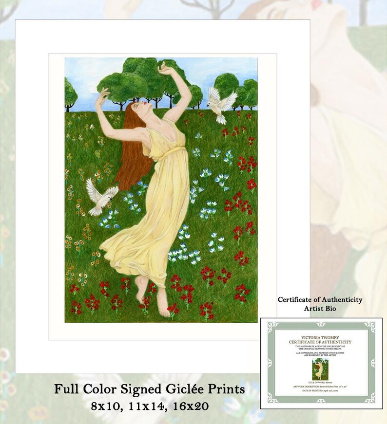 Morning Glory-Woman Dancing With Birds Art Print, Morning Sun Garden Portrait, Colored Pencil Wall Art, Gratitude Gift, Signed Giclee 8x10 image 2