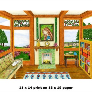May include: A hand-drawn illustration of a living room interior with a fireplace, a couch, a bookshelf, and a window with a stained glass design. The room is decorated with a rug, a lamp, and a painting of a woman with long hair.