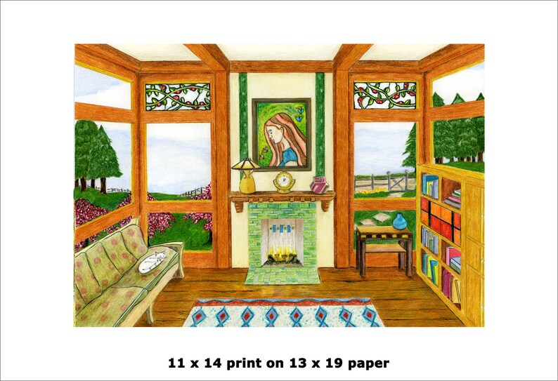 May include: A hand-drawn illustration of a living room interior with a fireplace, a couch, a bookshelf, and a window with a stained glass design. The room is decorated with a rug, a lamp, and a painting of a woman with long hair.