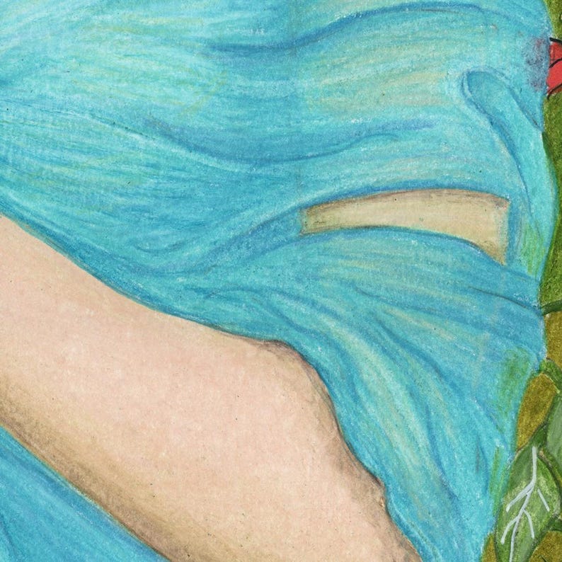 May include: A detailed colored pencil drawing featuring a section of light blue fabric with visible texture and folds, positioned next to a smooth beige surface and a cluster of green leaves with white vein details on the right side of the composition.