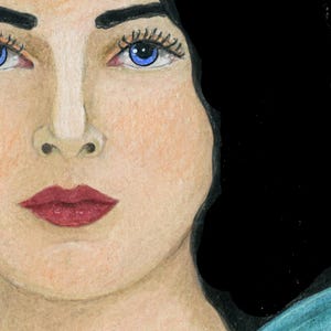 May include: A colored pencil drawing of a face with fair skin, bright blue eyes, dark arched eyebrows, and deep red lips. The subject has dark black hair framing the right side of the face and a small portion of a teal garment visible at the bottom.