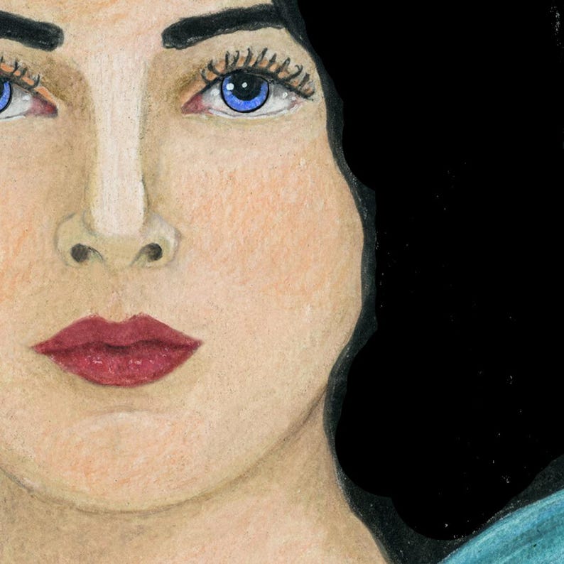 May include: A colored pencil drawing of a face with fair skin, bright blue eyes, dark arched eyebrows, and deep red lips. The subject has dark black hair framing the right side of the face and a small portion of a teal garment visible at the bottom.