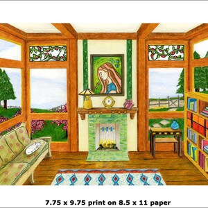 May include: A hand-drawn illustration of a sunroom with a fireplace, a couch, a bookshelf, and a window with a view of a field. The fireplace has a green tile surround and a fire burning inside. The couch is a light green color and has a pillow on it. The bookshelf is filled with books and has a blue vase on top. The window is framed in wood and has a view of a field with trees in the distance. The illustration is done in colored pencil and has a whimsical style.