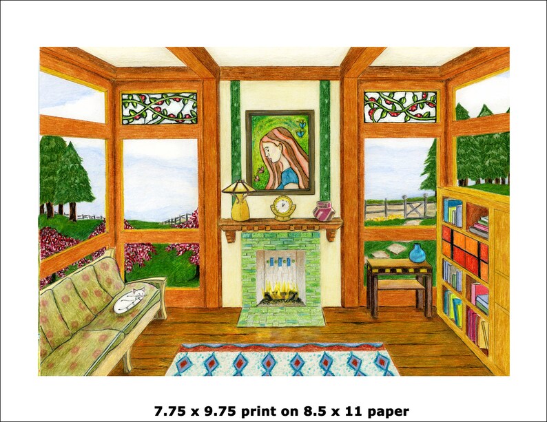 May include: A hand-drawn illustration of a sunroom with a fireplace, a couch, a bookshelf, and a window with a view of a field. The fireplace has a green tile surround and a fire burning inside. The couch is a light green color and has a pillow on it. The bookshelf is filled with books and has a blue vase on top. The window is framed in wood and has a view of a field with trees in the distance. The illustration is done in colored pencil and has a whimsical style.
