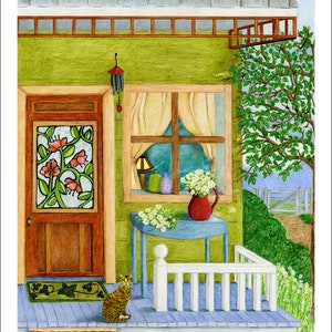 Pode incluir: Uma casa verde com uma porta marrom e uma janela com cortinas brancas. H&aacute; um gato sentado na varanda, que tem uma grade branca e um piso azul. H&aacute; uma mesa com um vaso vermelho de flores brancas na varanda. O texto "7.75 x 9.75 print on 8.5 x 11 paper" est&aacute; na parte inferior da imagem.