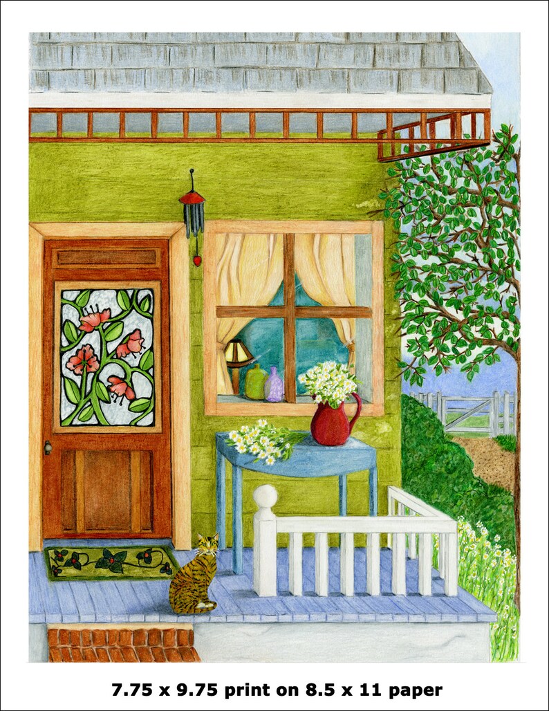 Pode incluir: Uma casa verde com uma porta marrom e uma janela com cortinas brancas. H&aacute; um gato sentado na varanda, que tem uma grade branca e um piso azul. H&aacute; uma mesa com um vaso vermelho de flores brancas na varanda. O texto "7.75 x 9.75 print on 8.5 x 11 paper" est&aacute; na parte inferior da imagem.