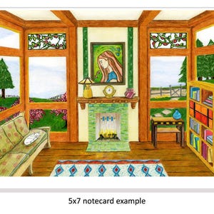May include: A watercolor painting of a living room with a fireplace, a couch, a bookshelf, and a window with a view of a garden. The painting is in a 5x7 notecard format.