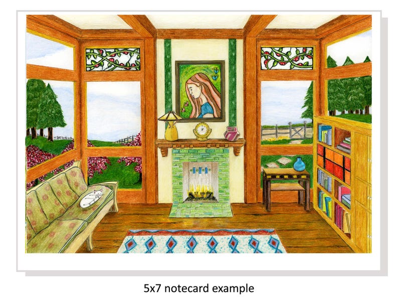 May include: A watercolor painting of a living room with a fireplace, a couch, a bookshelf, and a window with a view of a garden. The painting is in a 5x7 notecard format.