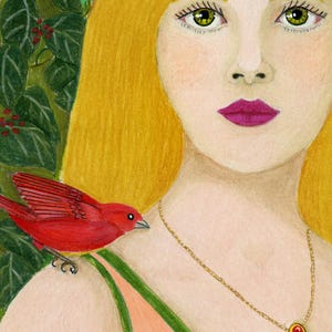 May include: A detailed illustration of a woman with blonde hair and green eyes, adorned with a gold necklace. A vibrant red bird perches on her shoulder. The background features green foliage with red berries.
