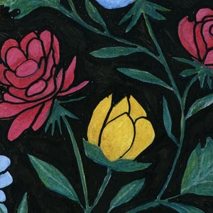 May include: A watercolor painting of a floral pattern on a black background. The flowers are in shades of pink, yellow, and blue, with green leaves and stems. The style is reminiscent of botanical illustrations.