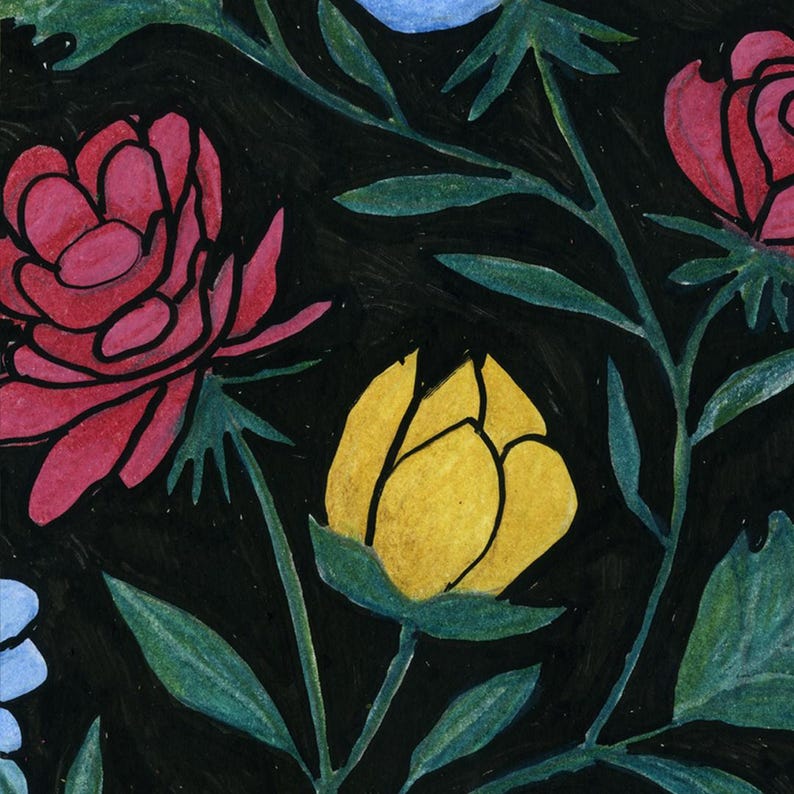 May include: A watercolor painting of a floral pattern on a black background. The flowers are in shades of pink, yellow, and blue, with green leaves and stems. The style is reminiscent of botanical illustrations.