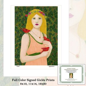 May include: A signed gicl&eacute;e print featuring a woman with long blonde hair, wearing a peach-colored dress and a floral crown. Three red birds perch on her. The print includes a certificate of authenticity and is available in 8x10, 11x14, and 16x20 inch sizes.