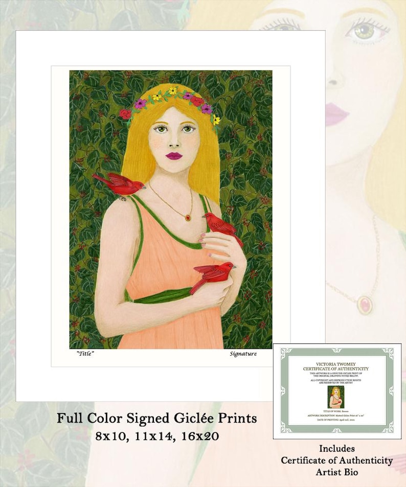 May include: A signed gicl&eacute;e print featuring a woman with long blonde hair, wearing a peach-colored dress and a floral crown. Three red birds perch on her. The print includes a certificate of authenticity and is available in 8x10, 11x14, and 16x20 inch sizes.