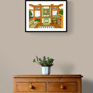 May include: A watercolor painting of a room with a fireplace, a bookshelf, and a window. The room is decorated with a rug and a bench. The painting is framed in black.