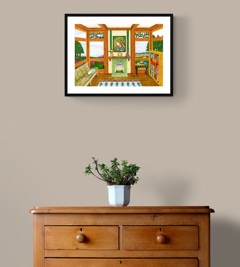 May include: A watercolor painting of a room with a fireplace, a bookshelf, and a window. The room is decorated with a rug and a bench. The painting is framed in black.