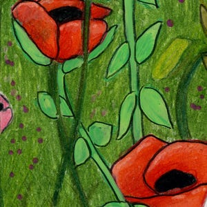 May include: A vibrant drawing featuring two large red poppy flowers with black centres, set against a textured green background. The artwork includes tall green stems with pointed leaves and scattered purple dots, rendered in a bold, illustrative style.
