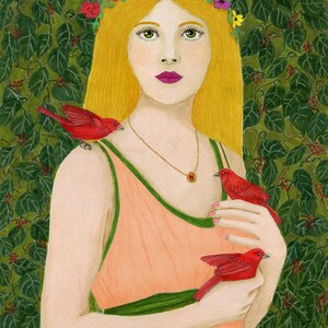 May include: Illustration of a woman with long blonde hair wearing a peach dress with green trim and a floral crown. Three red birds are perched on her shoulder and in her hands. The background is a green leafy pattern.