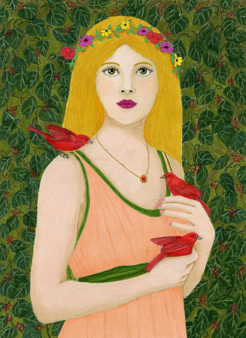 May include: Illustration of a woman with long blonde hair wearing a peach dress with green trim and a floral crown. Three red birds are perched on her shoulder and in her hands. The background is a green leafy pattern.