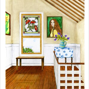 May include: A watercolour painting of a room with a stained glass window, a portrait on the wall, a table with a vase of flowers, and a white staircase. The room has a wooden floor and white wainscoting. The text "16 x 20 print on 17 x 22 paper" is at the bottom of the image.