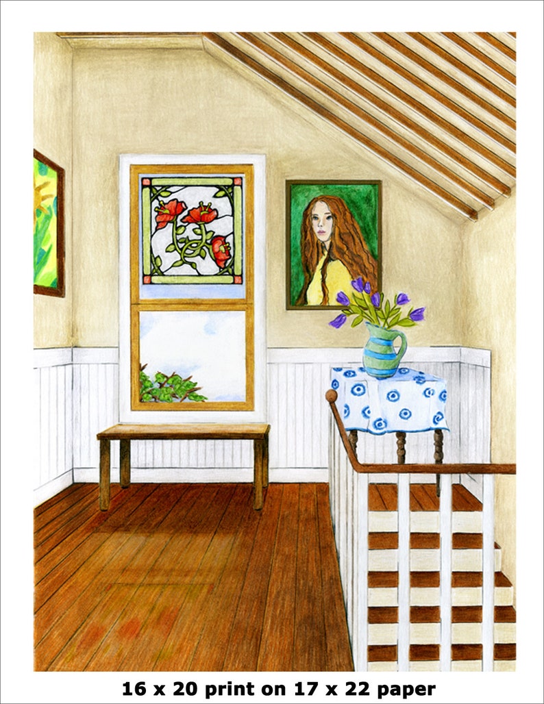 May include: A watercolour painting of a room with a stained glass window, a portrait on the wall, a table with a vase of flowers, and a white staircase. The room has a wooden floor and white wainscoting. The text "16 x 20 print on 17 x 22 paper" is at the bottom of the image.