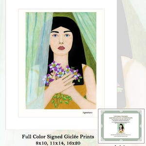 May include: A painting of a woman with dark hair and blue eyes holding a bouquet of purple flowers. She is standing in front of a sheer curtain. The painting is signed and available in 8x10, 11x14, and 16x20 inch sizes. Matting is available.