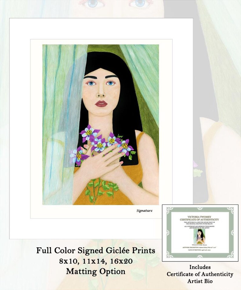 May include: A painting of a woman with dark hair and blue eyes holding a bouquet of purple flowers. She is standing in front of a sheer curtain. The painting is signed and available in 8x10, 11x14, and 16x20 inch sizes. Matting is available.
