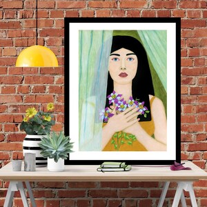 May include: A painting of a woman with long black hair holding a bouquet of purple and blue flowers. She is wearing a yellow dress and is standing in front of a sheer curtain.