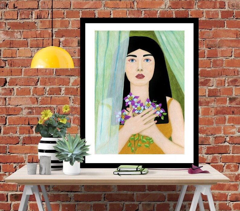 May include: A painting of a woman with long black hair holding a bouquet of purple and blue flowers. She is wearing a yellow dress and is standing in front of a sheer curtain.