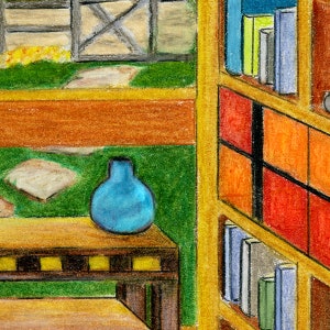 May include: A blue glass vase sits on a wooden table with a bookshelf in the background. The bookshelf has multiple shelves with books and colorful squares.