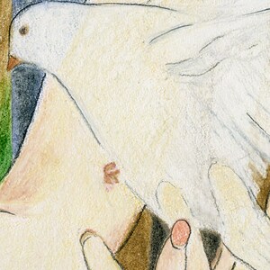 May include: A white dove with its wings spread out, being held by a hand. The dove is a symbol of peace and hope.
