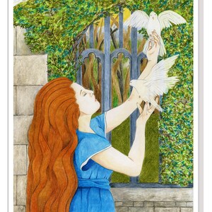 May include: A woman with long red hair reaches out to a white dove with her arms outstretched. The dove is perched on a stone wall with a wrought iron gate behind it. The woman is wearing a blue dress and is surrounded by green foliage.