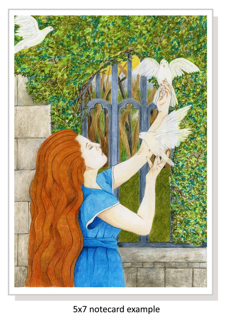 May include: A woman with long red hair reaches out to a white dove with her arms outstretched. The dove is perched on a stone wall with a wrought iron gate behind it. The woman is wearing a blue dress and is surrounded by green foliage.