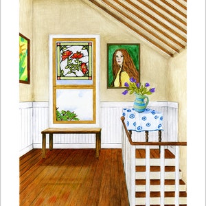 May include: A watercolour painting of a room with a stained glass window, a painting of a woman with long red hair, a table with a blue and white tablecloth, a vase of purple flowers, and a wooden bench. The room has a wooden floor and white wainscoting.